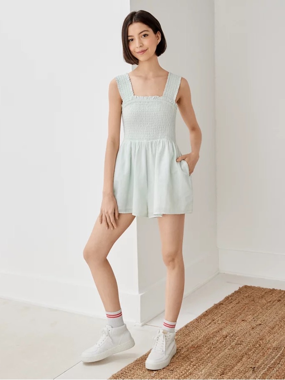 AE Smocked Square-Neck Romper in Pale Mint